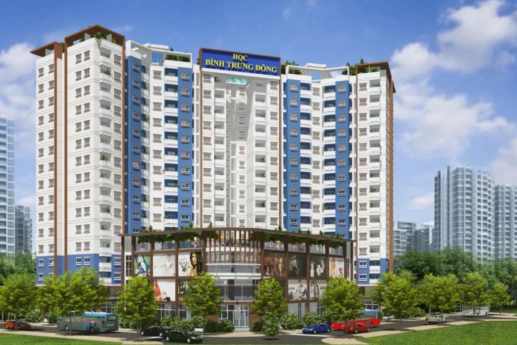 Bản vẽ phối cảnh 3D mặt đứng dự án nhà ở xã hội HQC Bình Trưng Đông Thành phố Thủ Đức với khối đế thương mại nhộn nhịp và tháp chung cư cao tầng