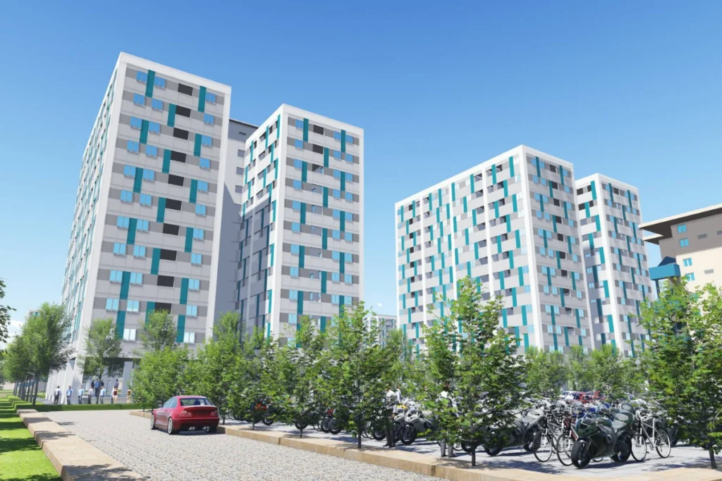 Bản vẽ phối cảnh 3D các tòa tháp nhà ở xã hội sơn phối màu xanh mòng két đan xen trắng với khuôn viên bãi đỗ xe rộng rãi, minh họa cho bài review nhà ở xã hội Syrena Thuận An
