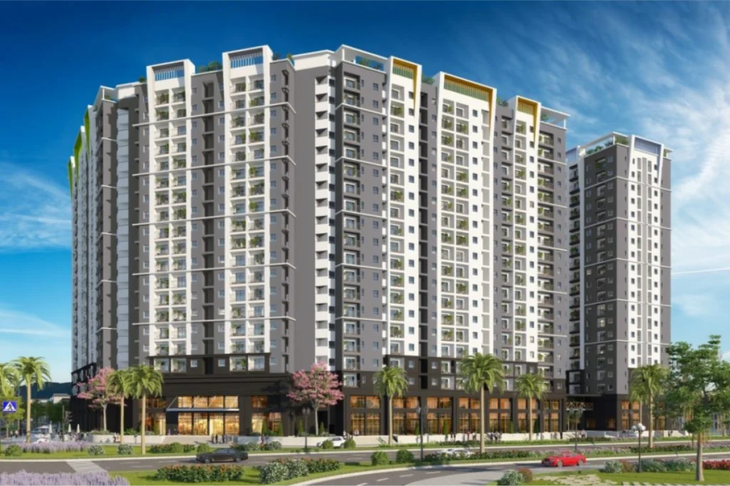 Bản vẽ phối cảnh góc nhìn đường phố cụm tháp chung cư nhà ở xã hội quy hoạch đồng bộ có sảnh thương mại tầng trệt