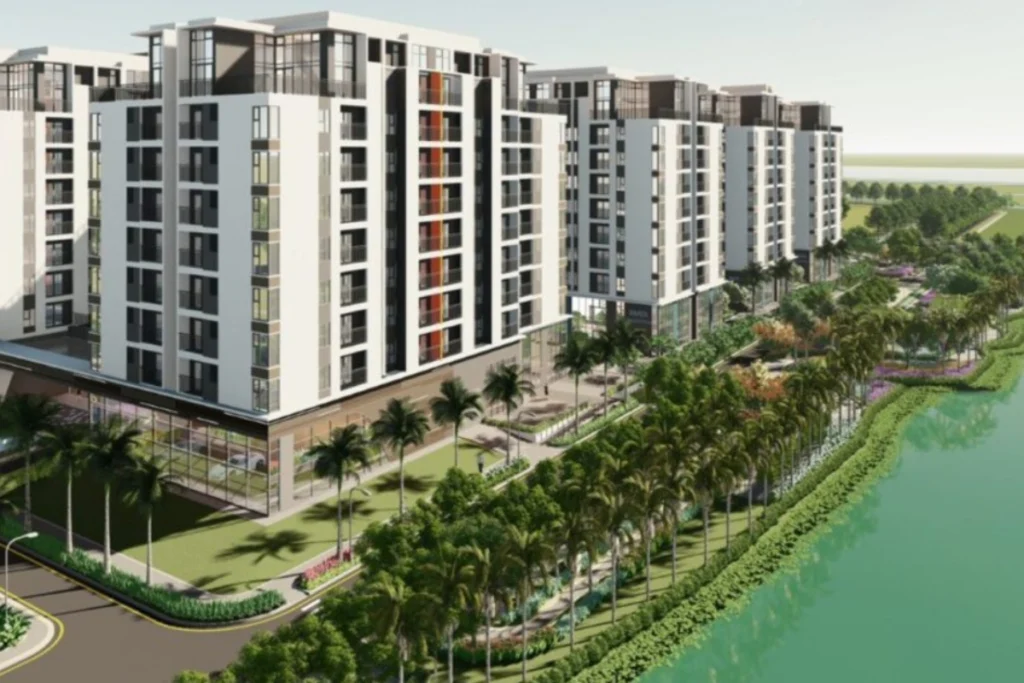 Phối cảnh 3D góc nhìn từ mặt nước lên các tòa tháp căn hộ thiết kế hiện đại tông màu trắng xám, chân đế khối tháp là các cửa hàng shophouse thương mại lớp kính lớn