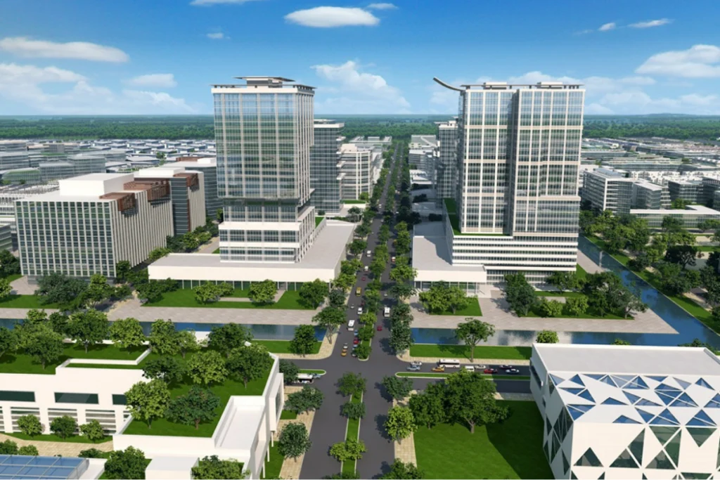 Bản vẽ phối cảnh 3D quy hoạch hạ tầng đô thị hiện đại với các tòa tháp kính lớn gần khu vực dự án nhà ở xã hội New Horizon Bến Cát