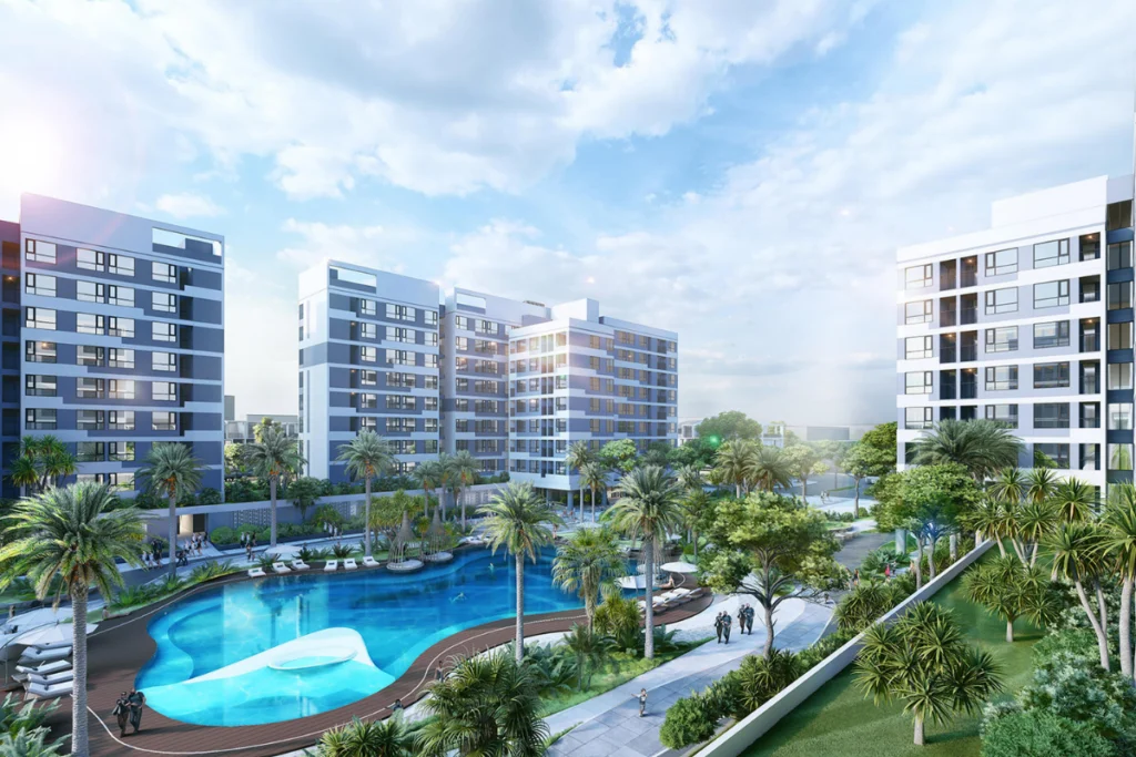 Bản vẽ phối cảnh 3D khuôn viên nội khu chung cư hiện đại với bể bơi resort xanh mát và các tòa tháp căn hộ tone trắng xanh