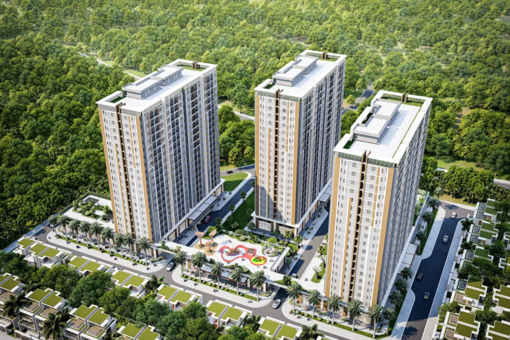 Phối cảnh ba tòa chung cư cao tầng hiện đại đan xen khuôn viên cây xanh và khu vui chơi nhìn từ trên cao