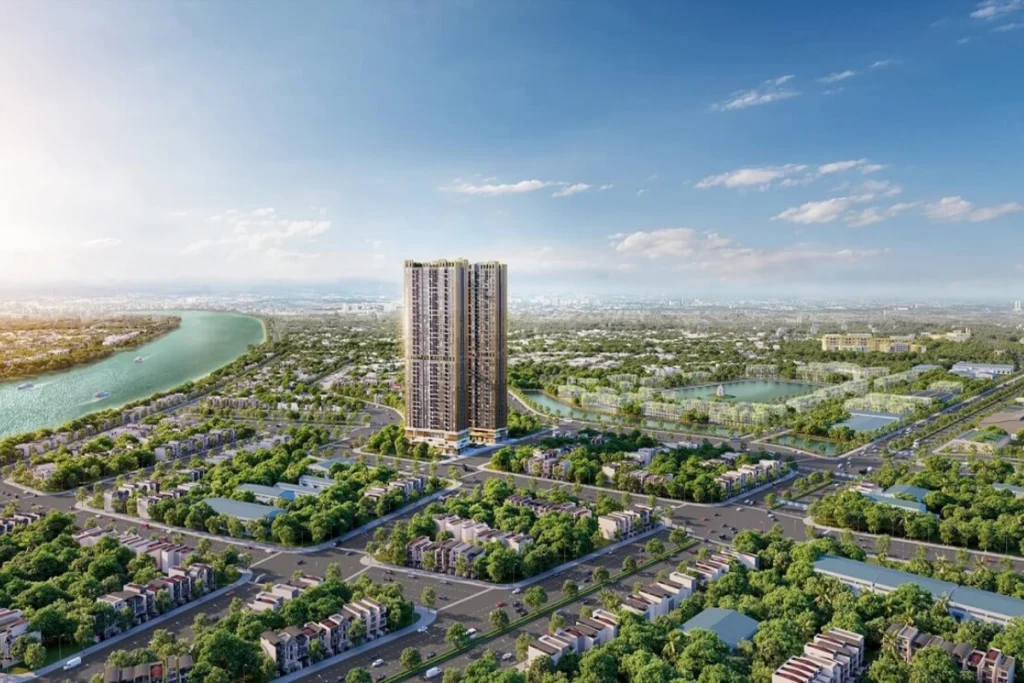 Phối cảnh 3D góc nhìn từ trên cao xuống toàn bộ khu vực, nổi bật với một tòa tháp đôi căn hộ chung cư cao tầng hiện đại vươn cao giữa một vùng không gian đô thị thấp tầng rộng lớn