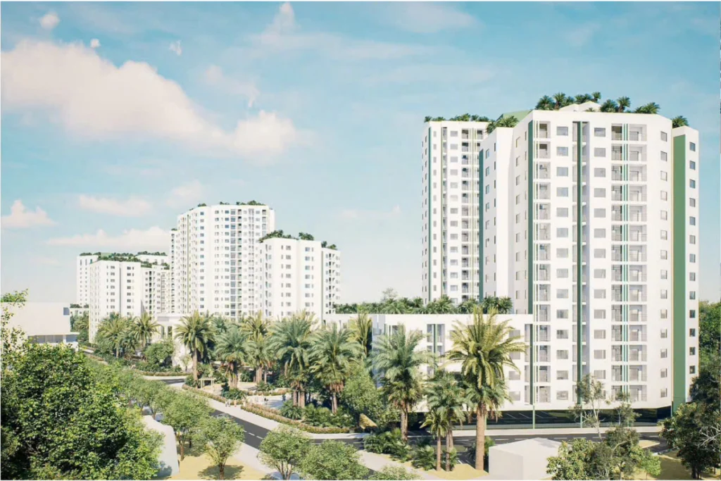 Phối cảnh 3D góc nhìn từ dưới đường lên các tòa nhà chung cư màu trắng, xung quanh có hàng cây cọ và công viên nội khu xanh mát dưới bầu trời xanh