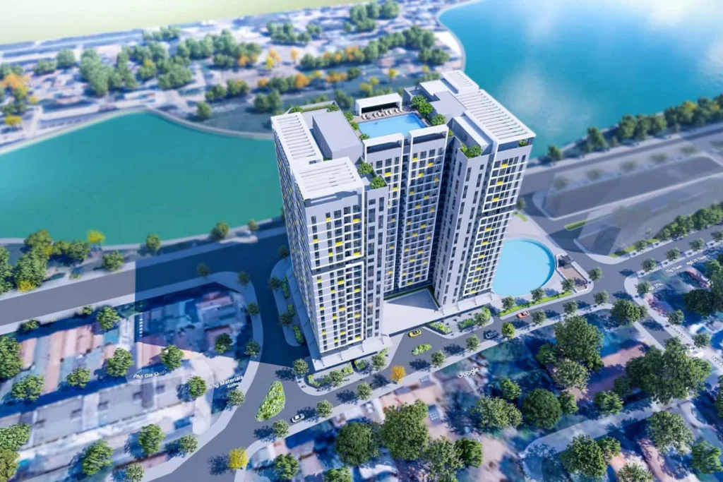 Phối cảnh tổng thể từ trên cao của dự án với tầm nhìn đắt giá hướng ra hồ điều hòa thoáng đãng