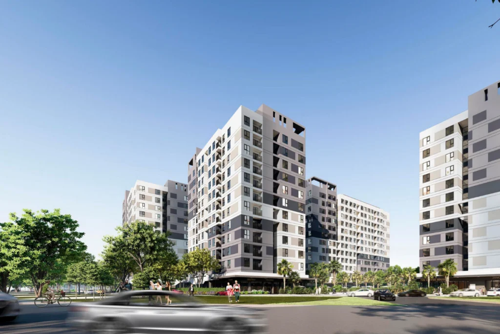 Phối cảnh 3D góc nhìn trực diện từ trên cao xuống tổ hợp chung cư gồm các block nhà hiện đại với hai tông màu trắng và xám đen xen kẽ