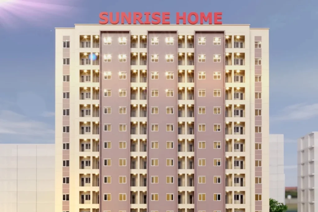 Bản vẽ phối cảnh 3D mặt trước tòa nhà ở xã hội Sunrise Home Thanh Trì cao tầng với logo tên dự án màu đỏ nổi bật trên tháp mái
