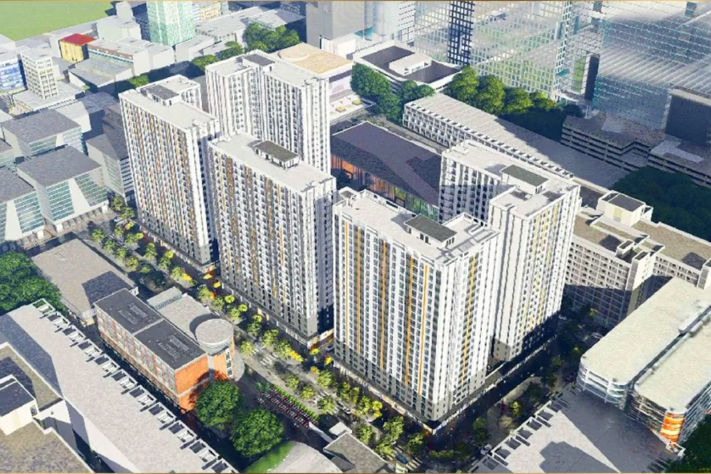 Phối cảnh tổng thể từ trên cao của dự án NOXH Viet Sing Thuận An với các tháp chung cư cao tầng hiện đại bố trí vuông góc