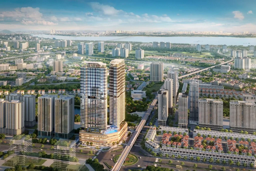 Phối cảnh 3D góc rộng toàn cảnh một khu đô thị hiện đại ven sông lớn, nổi bật ở trung tâm là hai tòa tháp căn hộ chung cư cao tầng thiết kế hiện đại
