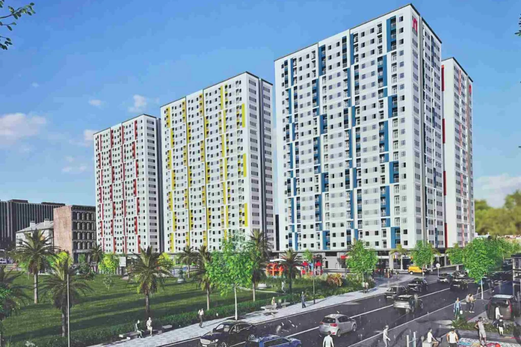 Phối cảnh tổng thể khu nhà ở xã hội Becamex Việt Sing với hàng chục block nhà thấp tầng xếp song song