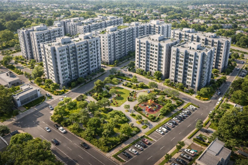 Tổ hợp nhiều tòa nhà chung cư cao tầng màu xám hiện đại đan xen hệ thống đường giao thông và công viên cây xanh trung tâm nhìn từ trên cao