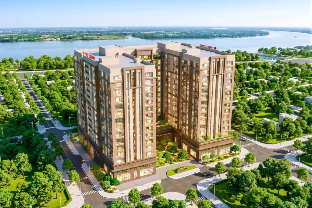 Phối cảnh từ trên cao của khối tòa nhà chung cư hiện đại nằm cạnh con sông xanh mát, hình ảnh minh họa cho hướng dẫn đăng ký mua nhà ở xã hội online từng bước mới nhất