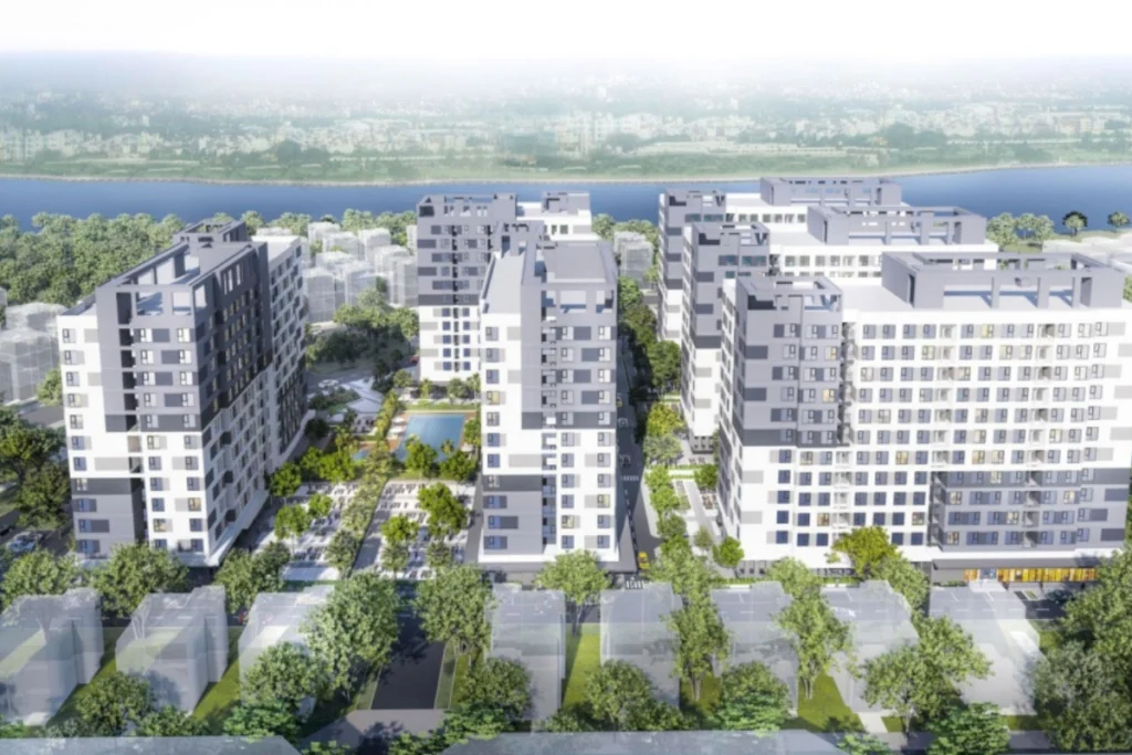Phối cảnh tổng thể từ trên cao tổ hợp căn hộ chung cư nhà ở xã hội hiện đại ven sông