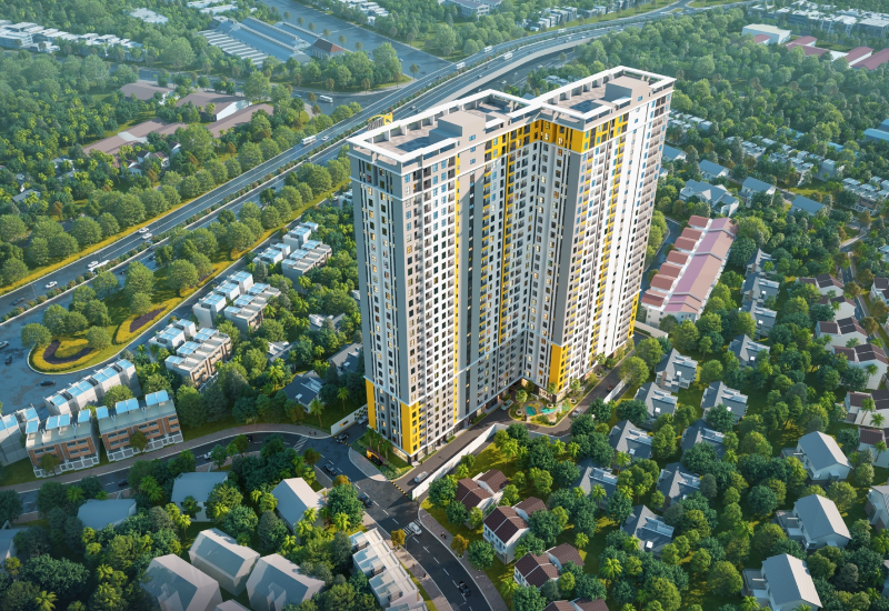 Phối cảnh từ trên cao block chung cư cao tầng điểm xuyết sắc vàng tại Thủ Đức phục vụ từ khóa mua chung cư để ở hay để đầu tư tốt hơn
