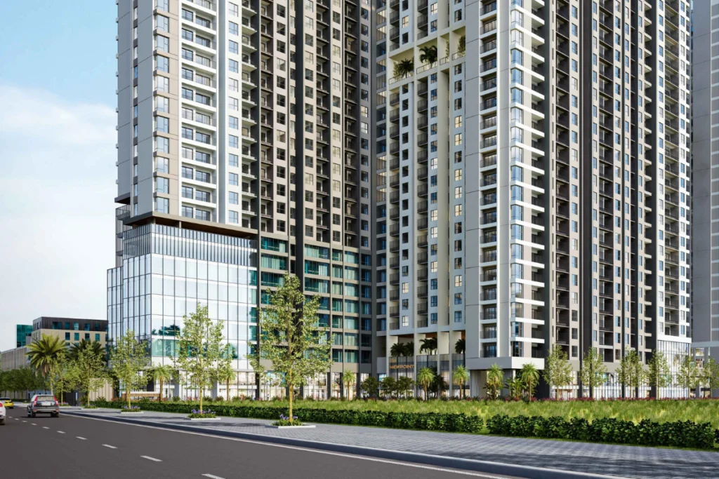 Phối cảnh 3D khoáng đạt khối đế thương mại và các tầng căn hộ dự án nhà ở xã hội Thuận An