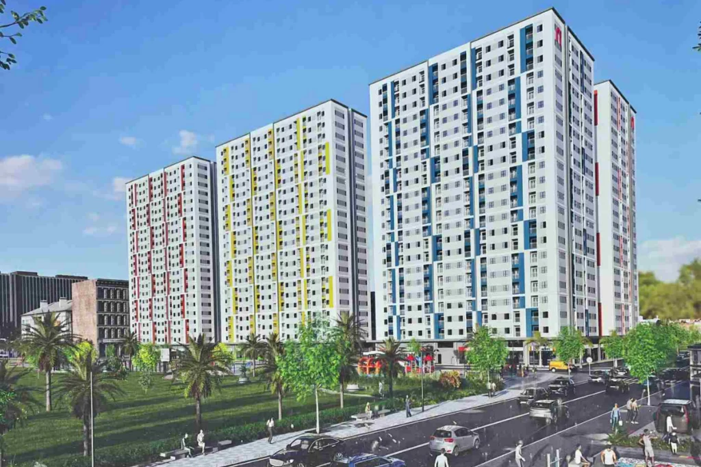 Bản vẽ phối cảnh 3D khối chung cư nhà ở xã hội Viet Sing Thuận An Bình Dương với khuôn viên xanh và hạ tầng đường nội khu hiện đại
