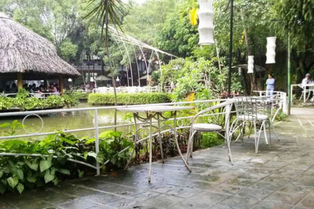 Khu vực ngồi ngoài trời với nhiều cây xanh