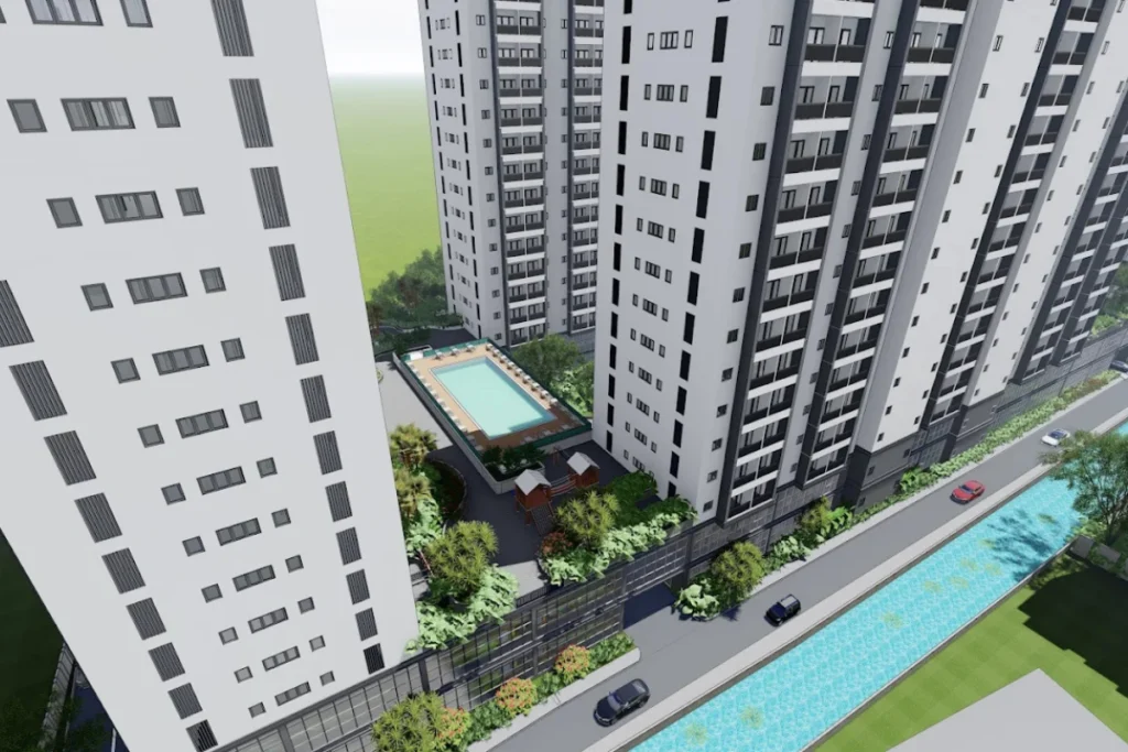 Phối cảnh đồ họa 3D nhìn từ trên cao xuống khoảng sân nội khu giữa các block tòa nhà dự án Tân Kiên