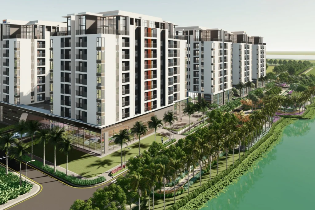 Phối cảnh 3D một dự án chung cư hiện đại ven sông với nhiều block nhà cao khoảng 7-9 tầng, có khuôn viên cây xanh, đường dạo bộ và hàng cây cọ ven bờ bờ sông nước xanh biếc