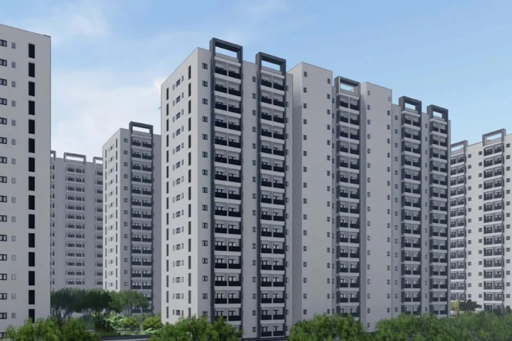 Phối cảnh đồ họa 3D góc nhìn từ dưới đường lên tổ hợp chung cư nhà ở xã hội Tân Kiên gồm nhiều khối nhà cao tầng hiện đại với tông màu trắng chủ đạo