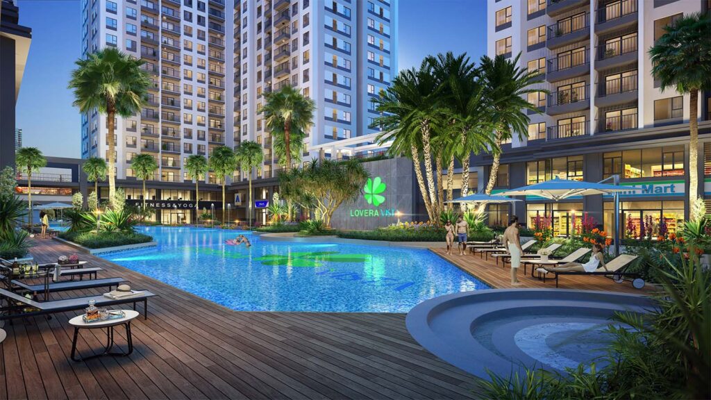 Tiện ích hồ bơi ngoài trời trung tâm rộng thoáng tại dự án review Lovera Vista Bình Chánh