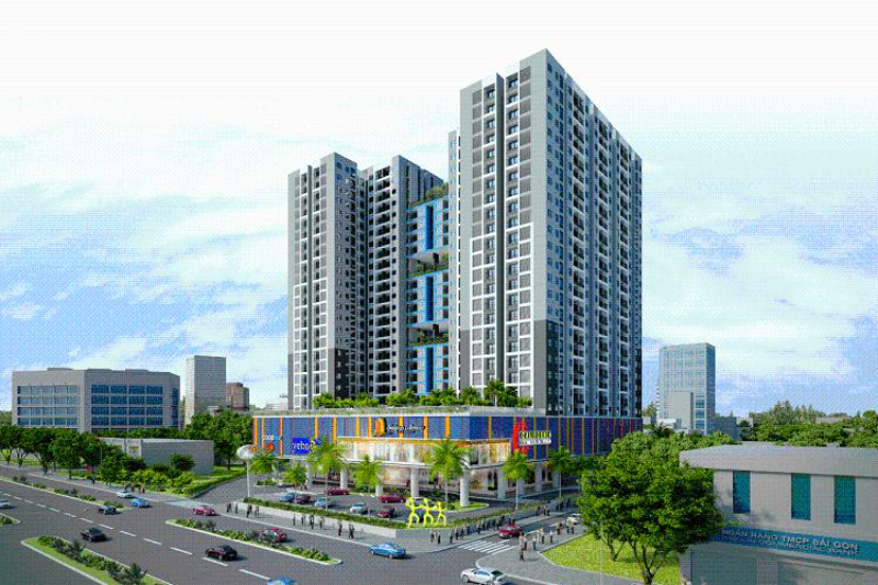 Phối cảnh tổng thể dự án căn hộ Sài Gòn Avenue Thủ Đức với trung tâm thương mại khối đế sầm uất và đường nội khu rộng rãi