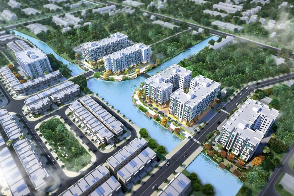 Phối cảnh 3D góc nhìn từ trên cao của một tổ hợp chung cư thấp tầng hiện đại sơn màu trắng xám xen kẽ các mảng xanh