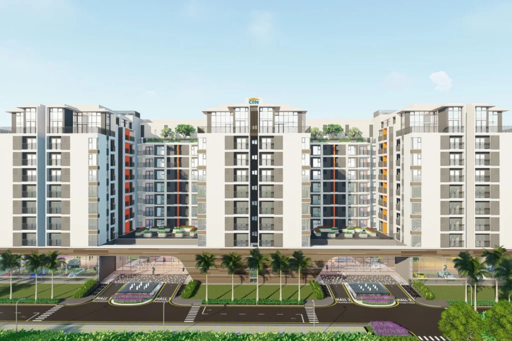 Phối cảnh chính diện tháp chung cư nhà ở xã hội hiện đại kết hợp khu thương mại tầng trệt