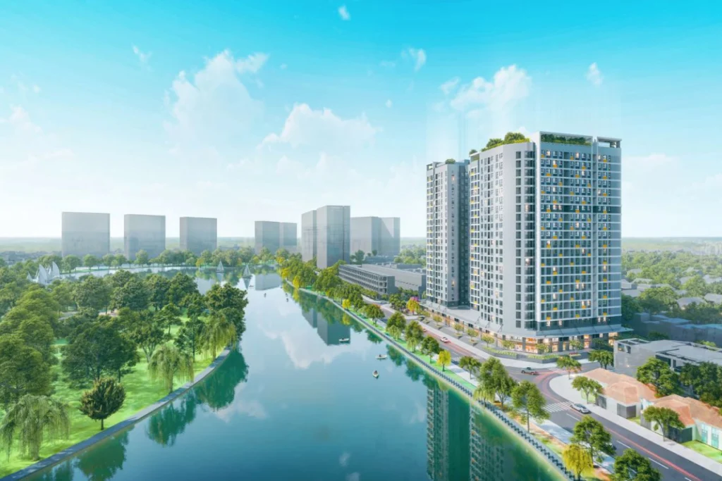Bản vẽ phối cảnh góc cao tổ hợp chung cư nhà ở xã hội quy hoạch đồng bộ ven sông