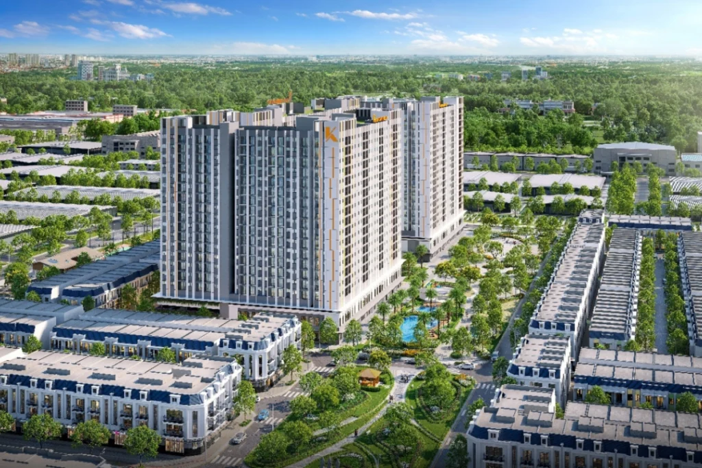 Phối cảnh tổng thể từ trên cao cụm tòa tháp chung cư hiện đại và khu nhà phố biệt thự đồng bộ tại TPHCM