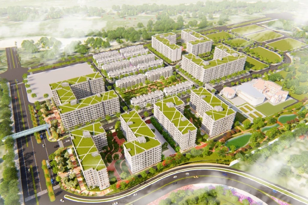 Phối cảnh 3D góc nhìn rộng từ trên cao của một khu đô thị quy hoạch hiện đại với các tòa chung cư thấp tầng có mái phẳng phủ xanh