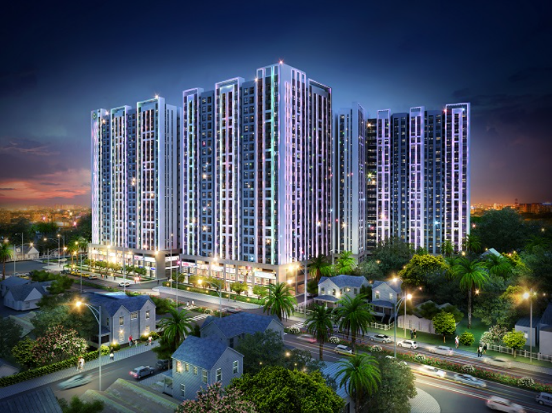 Tổ hợp căn hộ chung cư RichStar Tân Phú thiết kế hiện đại thắp sáng đèn led rực rỡ bên thảm xanh cảnh quan nội khu