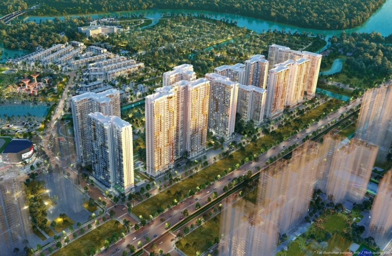 Phối cảnh tổng thể từ trên cao toàn khu căn hộ cao cấp Lumiere Boulevard Quận 9 tọa lạc cạnh trục đường lớn, phân khu thấp tầng và dòng sông phía xa