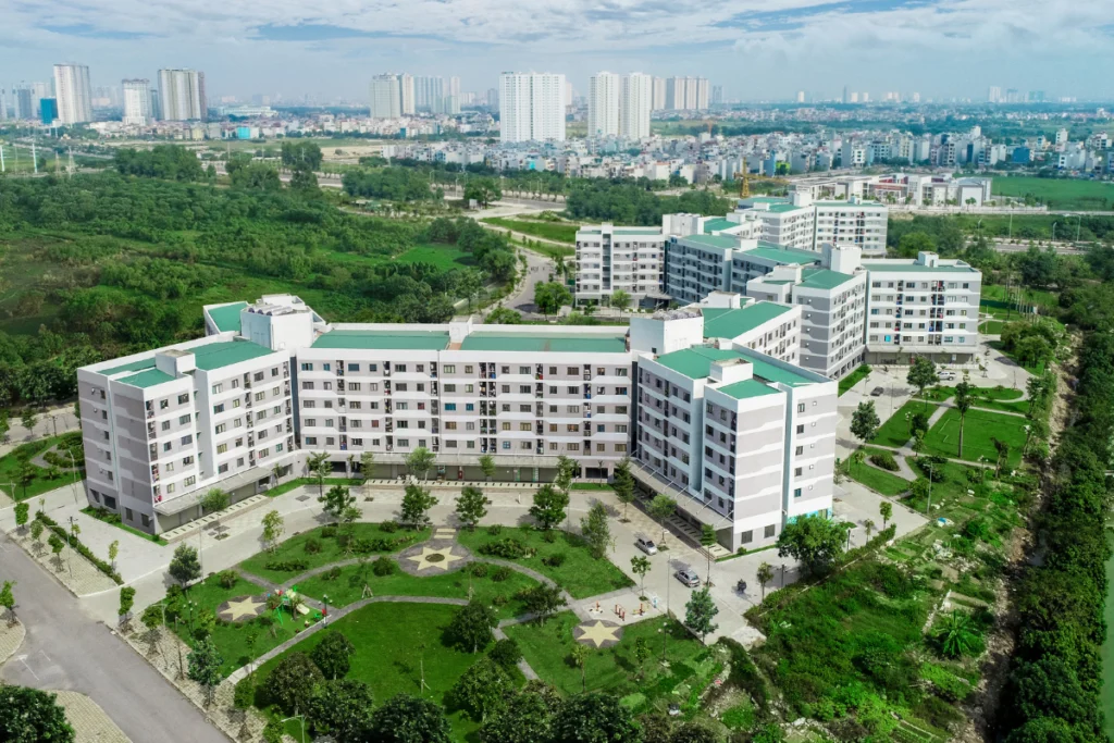Toàn cảnh quy hoạch chung cư nhà ở xã hội Hưng Thịnh Kiến Hưng với công viên nội khu nhìn từ trên cao