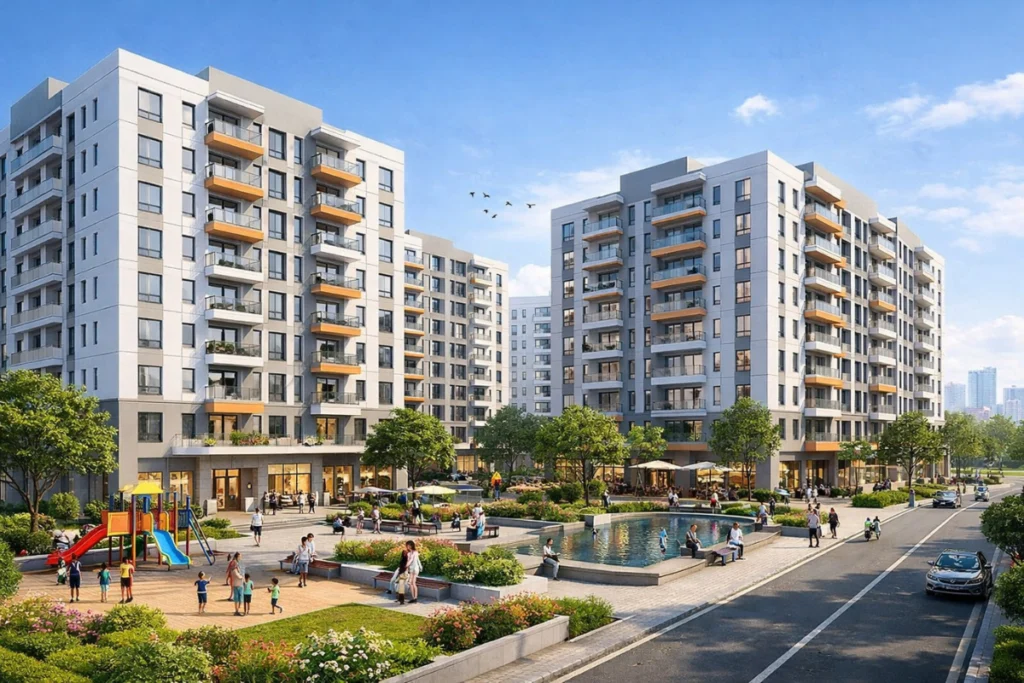 Bản vẽ phối cảnh hai tòa chung cư phân khúc bình dân có ban công màu cam nổi bật, tích hợp sân chơi trẻ em và hồ nước cảnh quan