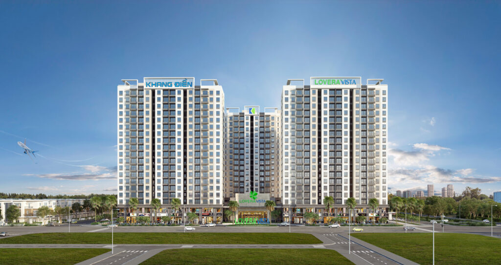 Toàn cảnh kiến trúc bên ngoài các tháp căn hộ hiện đại tại dự án review Lovera Vista Bình Chánh