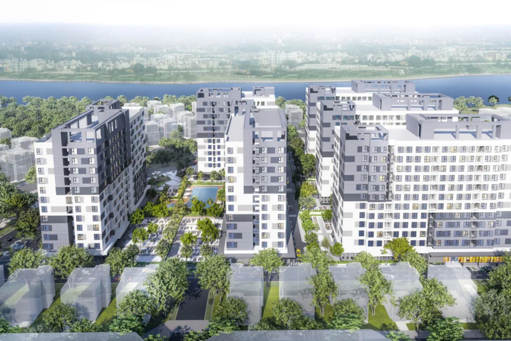 Phối cảnh 3D góc rộng từ trên cao nhìn xuống toàn bộ khuôn viên dự án, cho thấy các khối tháp căn hộ được sắp xếp vuông vắn quanh một hồ bơi trung tâm