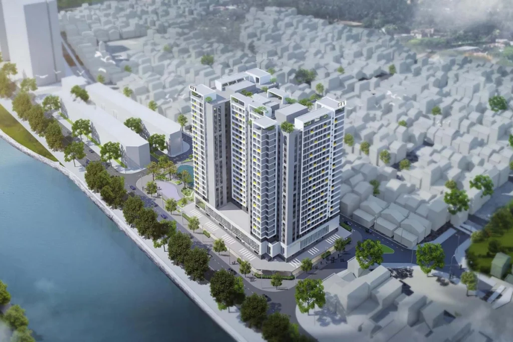 hối cảnh đồ họa 3D từ trên cao của tòa chung cư Rice City Thượng Thanh với thiết kế hình chữ v, nằm bên cạnh một con sông nhỏ thanh bình