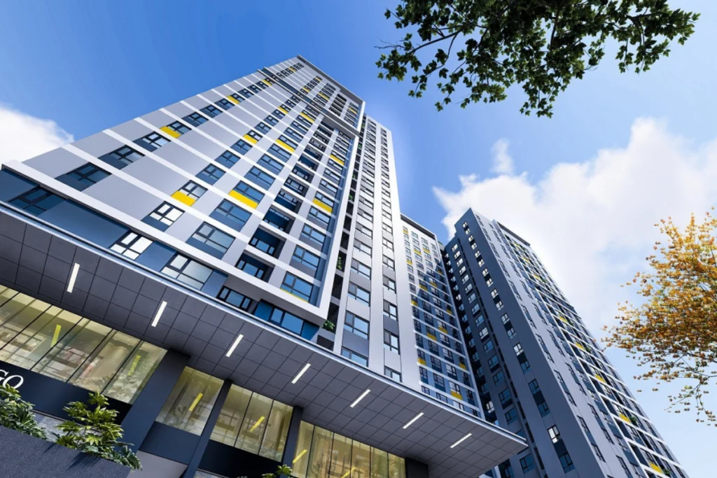 Phối cảnh đồ họa góc nhìn từ dưới đường ngước lên tòa nhà Rice City Thượng Thanh, với thấy mặt tiền tòa tháp hiện đại