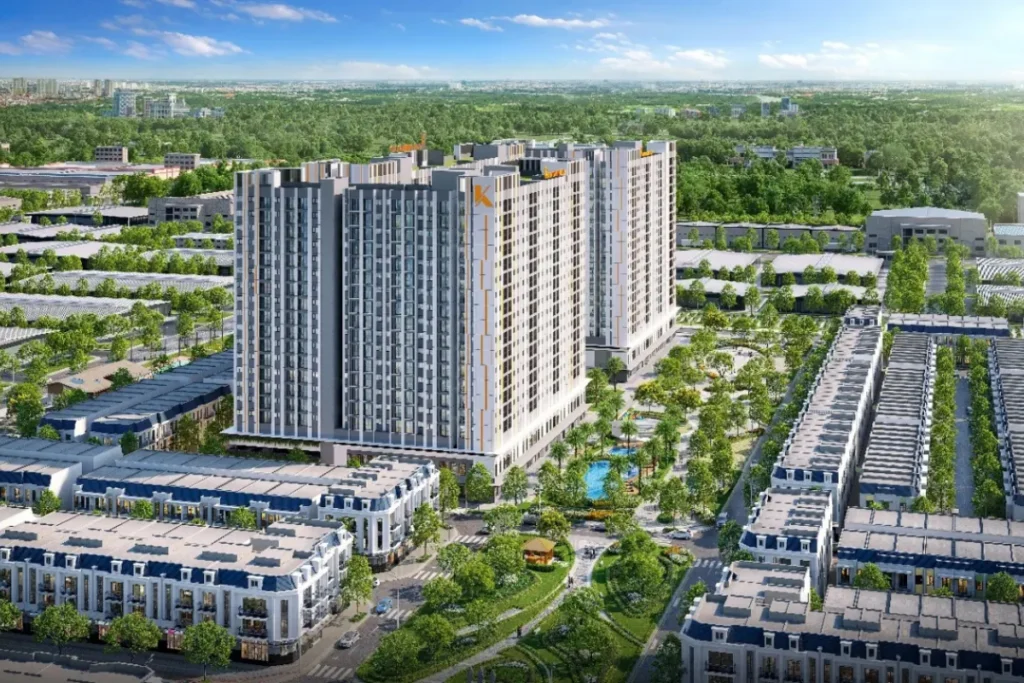 Bản vẽ phối cảnh 3D toàn cảnh từ trên cao tổ hợp khu đô thị gồm các block chung cư cao tầng hiện đại và dãy nhà phố liền kề mái xanh