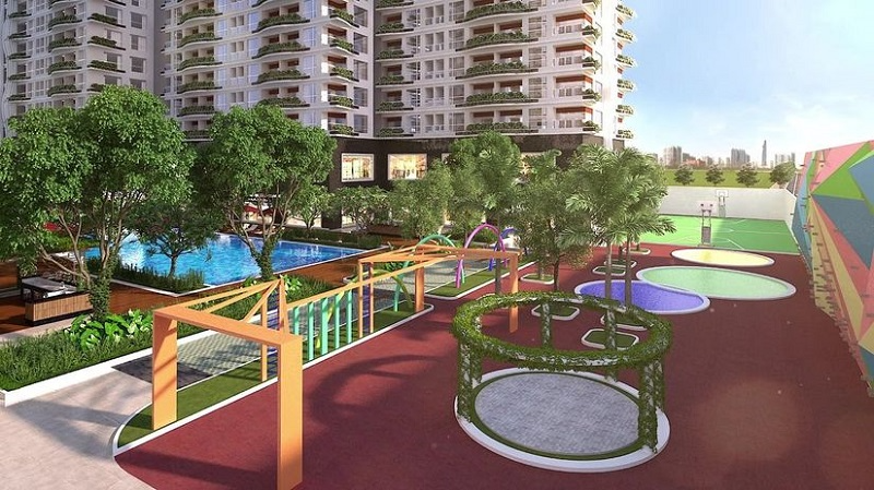 Sân thể thao ngoài trời, khu vui chơi sáng tạo trẻ em, lối đi có mái vòm xanh và hồ bơi liền kề tại nội khu Lotus Garden Tân Phú