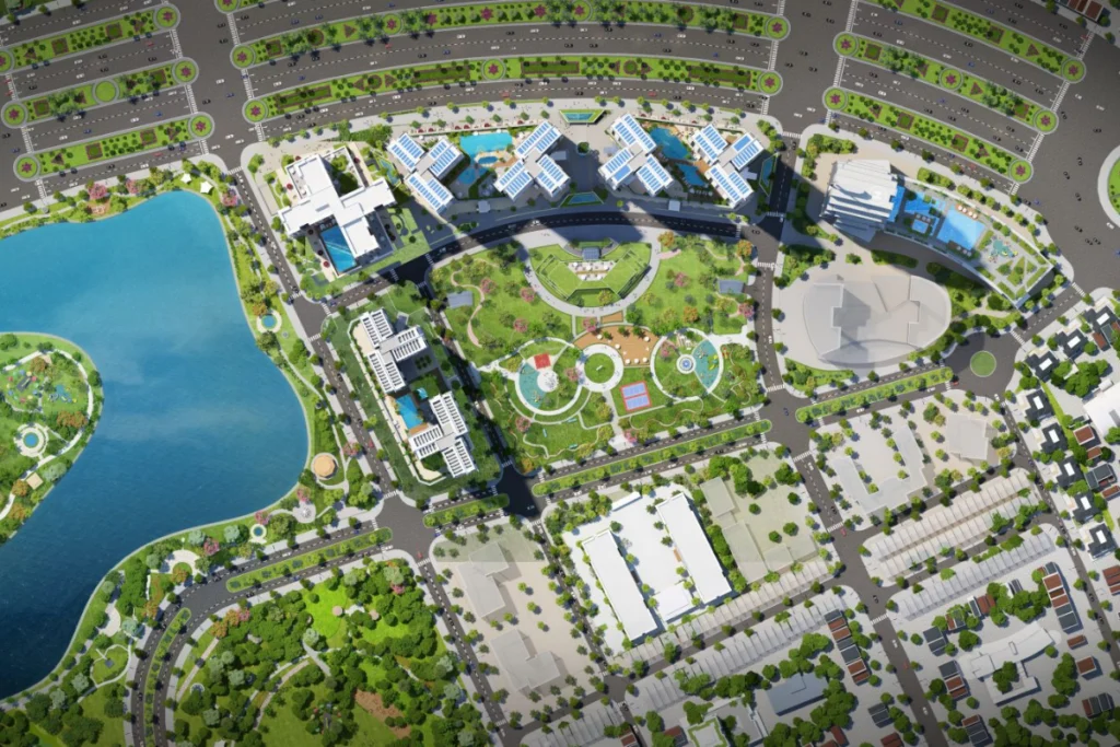 Phối cảnh 3D quy hoạch tổng thể dự án nhìn từ trên cao, hiển thị tổ hợp các khối tháp căn hộ đan xen công viên trung tâm rộng lớn