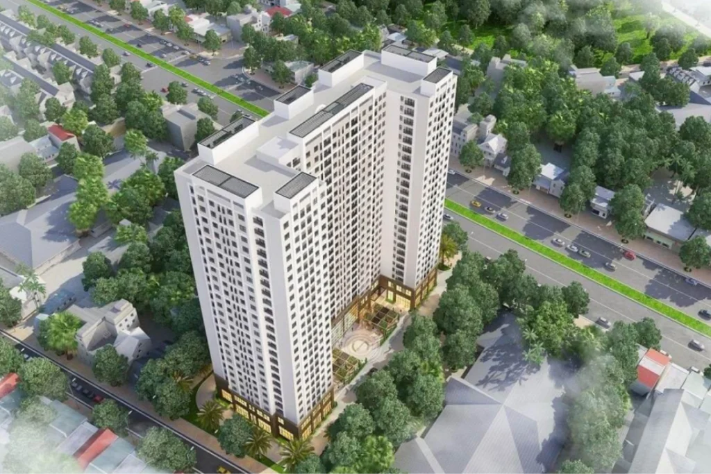 Phối cảnh 3D góc nhìn từ trên cao của tòa nhà chung cư cao tầng màu trắng, thiết kế hiện đại kiểu dáng chữ L khối lớn