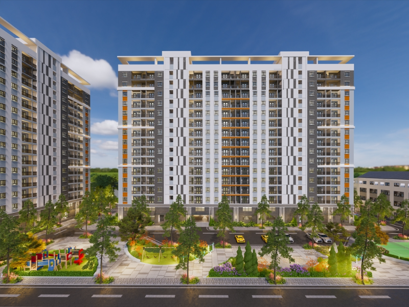 Đánh giá thực tế từ cư dân về dự án qua bài review Lotus Garden Tân Phú Mặt đứng tòa tháp chung cư Lotus Garden Tân Phú thiết kế hiện đại đan xen họa tiết trắng đen xám cùng công viên nội khu và khu vui chơi trẻ em phía trước