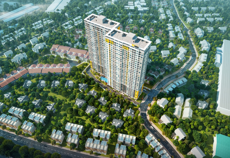 Phối cảnh từ trên cao block chung cư Bcons Polygon phục vụ bài viết chung cư Bình Dương cho người làm việc HCM