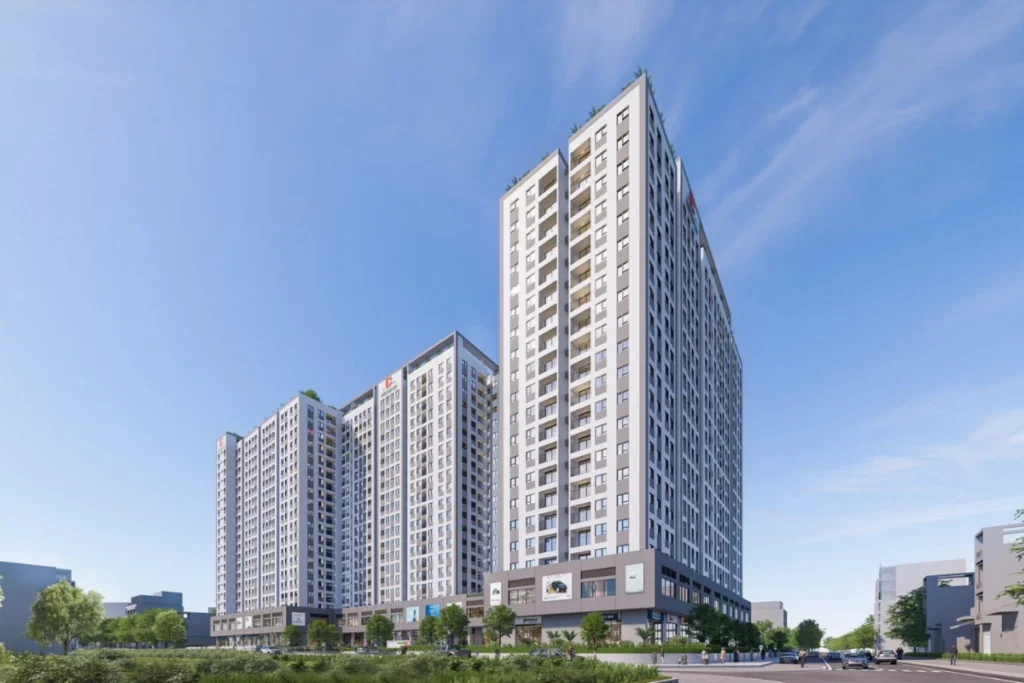 Bản vẽ phối cảnh ba tòa tháp căn hộ chung cư cao tầng hiện đại có khối đế thương mại và khuôn viên cây xanh