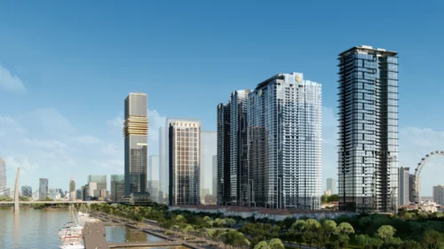 Phối cảnh các tòa tháp căn hộ hàng hiệu Grand Marina Saigon bên bến du thuyền Ba Son bổ trợ chủ đề chung cư HCM nội thất bàn giao cao cấp đáng mua