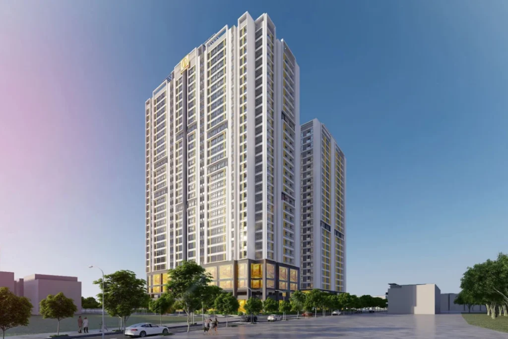 Bản vẽ phối cảnh 3D góc nghiêng hai tòa tháp chung cư nhà ở xã hội Rice City Tố Hữu Nam Từ Liêm với thiết kế hiện đại và khối đế thương mại dịch vụ sầm uất