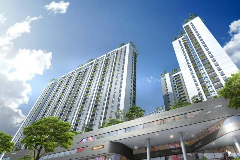 Có nên mua NOXH Bảo Ngọc City: Đánh giá chi tiết dự án Bản vẽ phối cảnh 3D góc nhìn từ dưới lên của tòa nhà ở xã hội Bảo Ngọc City Long Biên hiển thị khối đế thương mại sầm uất và các tòa tháp căn hộ cao tầng